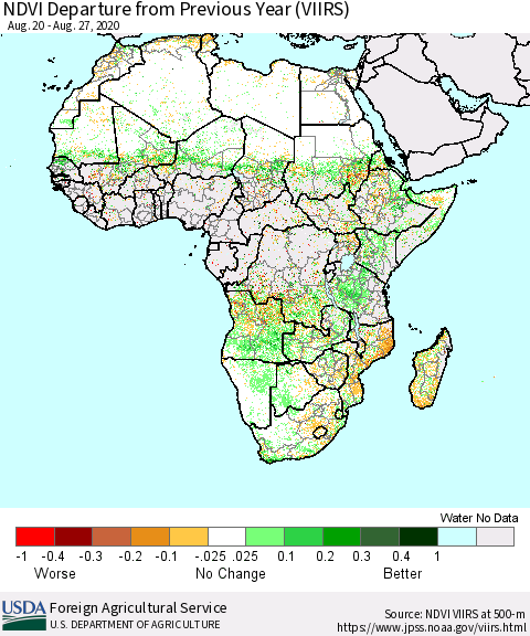 Africa NDVI Departure from Previous Year (VIIRS) Thematic Map For 8/21/2020 - 8/31/2020