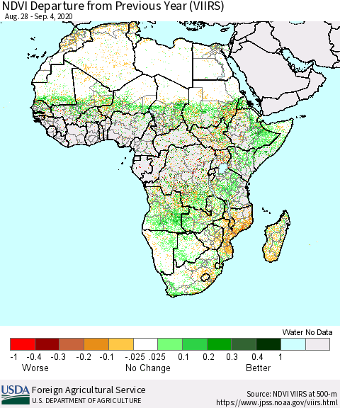 Africa NDVI Departure from Previous Year (VIIRS) Thematic Map For 9/1/2020 - 9/10/2020