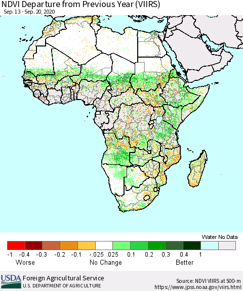Africa NDVI Departure from Previous Year (VIIRS) Thematic Map For 9/11/2020 - 9/20/2020