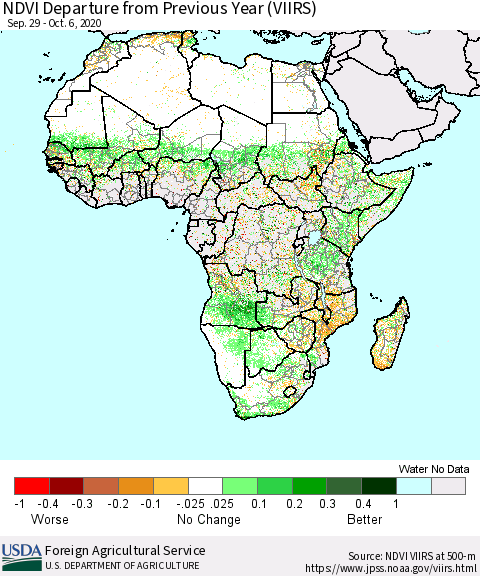 Africa NDVI Departure from Previous Year (VIIRS) Thematic Map For 10/1/2020 - 10/10/2020