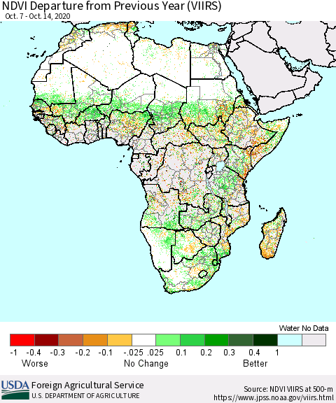 Africa NDVI Departure from Previous Year (VIIRS) Thematic Map For 10/11/2020 - 10/20/2020
