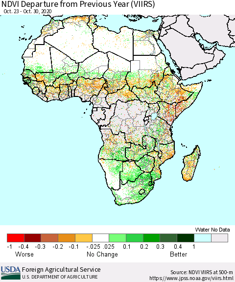Africa NDVI Departure from Previous Year (VIIRS) Thematic Map For 10/21/2020 - 10/31/2020