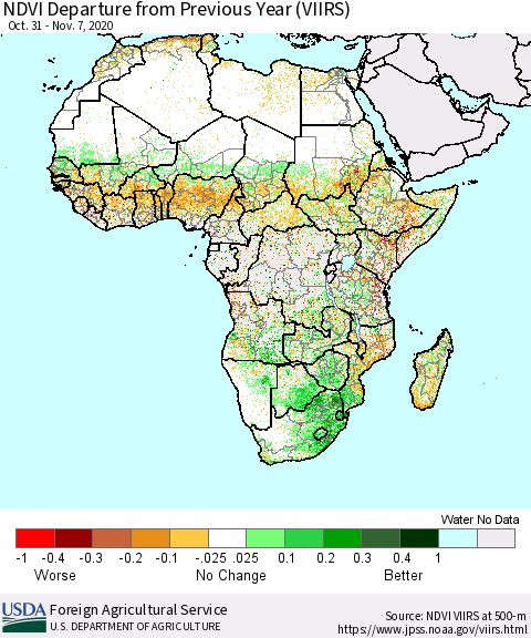 Africa NDVI Departure from Previous Year (VIIRS) Thematic Map For 11/1/2020 - 11/10/2020