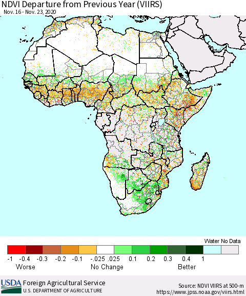 Africa NDVI Departure from Previous Year (VIIRS) Thematic Map For 11/21/2020 - 11/30/2020