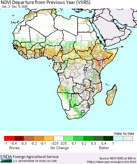 Africa NDVI Departure from Previous Year (VIIRS) Thematic Map For 12/1/2020 - 12/10/2020