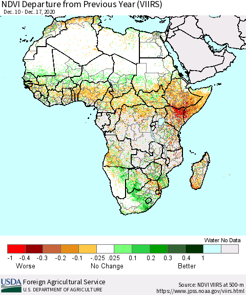 Africa NDVI Departure from Previous Year (VIIRS) Thematic Map For 12/11/2020 - 12/20/2020