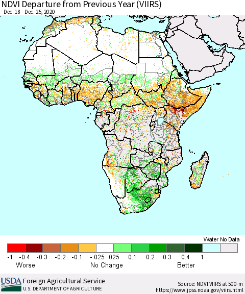 Africa NDVI Departure from Previous Year (VIIRS) Thematic Map For 12/21/2020 - 12/31/2020