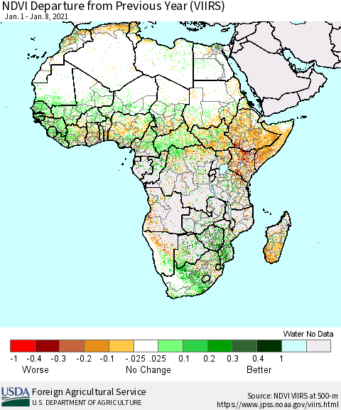 Africa NDVI Departure from Previous Year (VIIRS) Thematic Map For 1/1/2021 - 1/10/2021