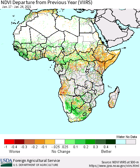 Africa NDVI Departure from Previous Year (VIIRS) Thematic Map For 1/21/2021 - 1/31/2021