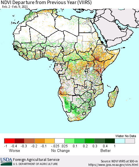 Africa NDVI Departure from Previous Year (VIIRS) Thematic Map For 2/1/2021 - 2/10/2021