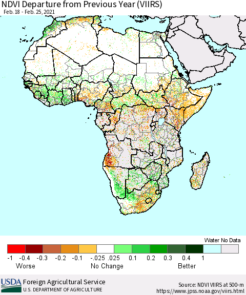 Africa NDVI Departure from Previous Year (VIIRS) Thematic Map For 2/21/2021 - 2/28/2021