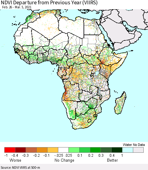 Africa NDVI Departure from Previous Year (VIIRS) Thematic Map For 2/26/2021 - 3/5/2021
