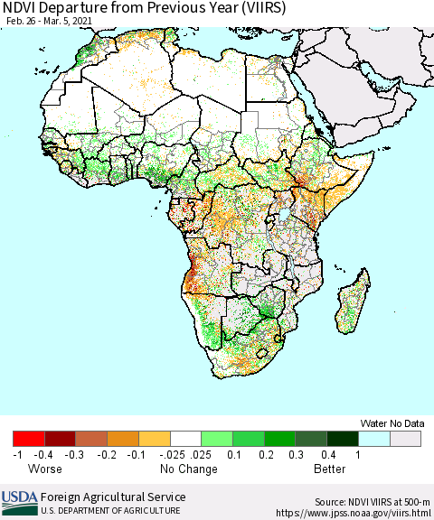 Africa NDVI Departure from Previous Year (VIIRS) Thematic Map For 3/1/2021 - 3/10/2021