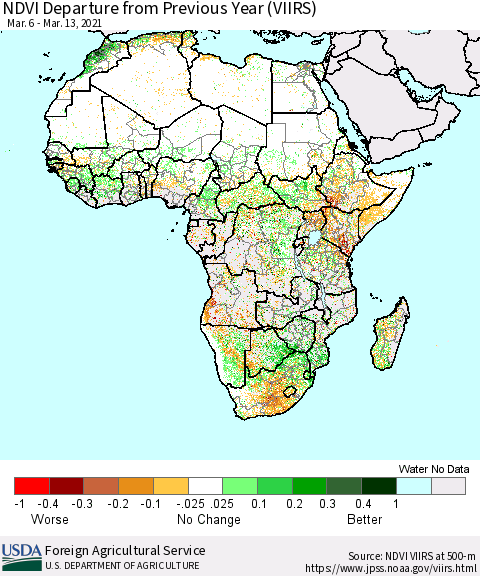 Africa NDVI Departure from Previous Year (VIIRS) Thematic Map For 3/11/2021 - 3/20/2021