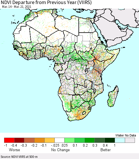 Africa NDVI Departure from Previous Year (VIIRS) Thematic Map For 3/14/2021 - 3/21/2021