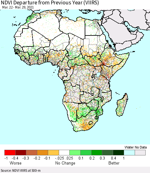 Africa NDVI Departure from Previous Year (VIIRS) Thematic Map For 3/22/2021 - 3/29/2021