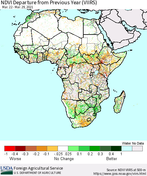 Africa NDVI Departure from Previous Year (VIIRS) Thematic Map For 3/21/2021 - 3/31/2021