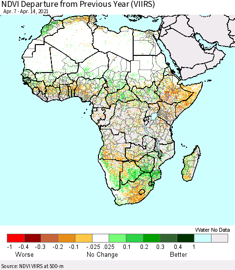 Africa NDVI Departure from Previous Year (VIIRS) Thematic Map For 4/7/2021 - 4/14/2021
