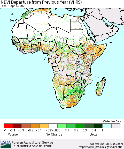 Africa NDVI Departure from Previous Year (VIIRS) Thematic Map For 4/11/2021 - 4/20/2021