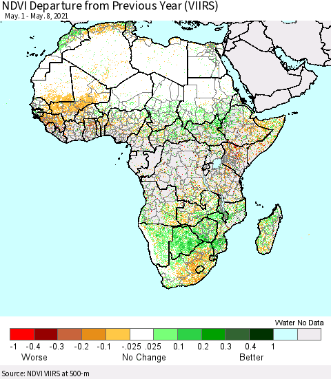 Africa NDVI Departure from Previous Year (VIIRS) Thematic Map For 5/1/2021 - 5/8/2021