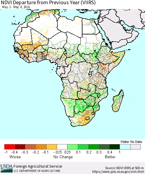 Africa NDVI Departure from Previous Year (VIIRS) Thematic Map For 5/1/2021 - 5/10/2021