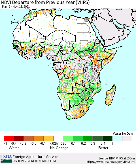 Africa NDVI Departure from Previous Year (VIIRS) Thematic Map For 5/11/2021 - 5/20/2021