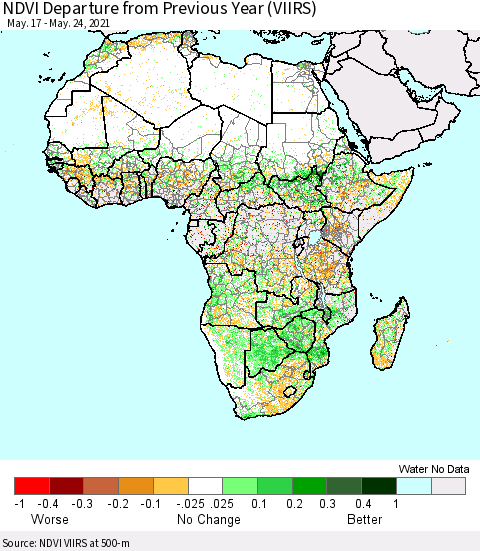 Africa NDVI Departure from Previous Year (VIIRS) Thematic Map For 5/17/2021 - 5/24/2021