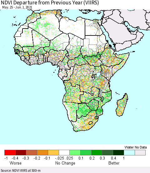 Africa NDVI Departure from Previous Year (VIIRS) Thematic Map For 5/25/2021 - 6/1/2021