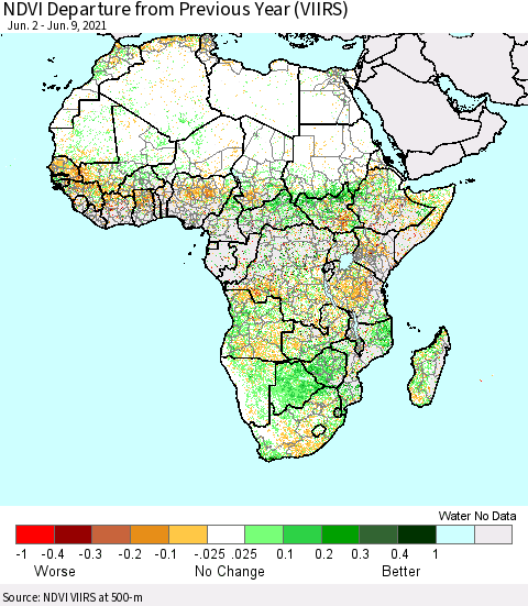 Africa NDVI Departure from Previous Year (VIIRS) Thematic Map For 6/2/2021 - 6/9/2021