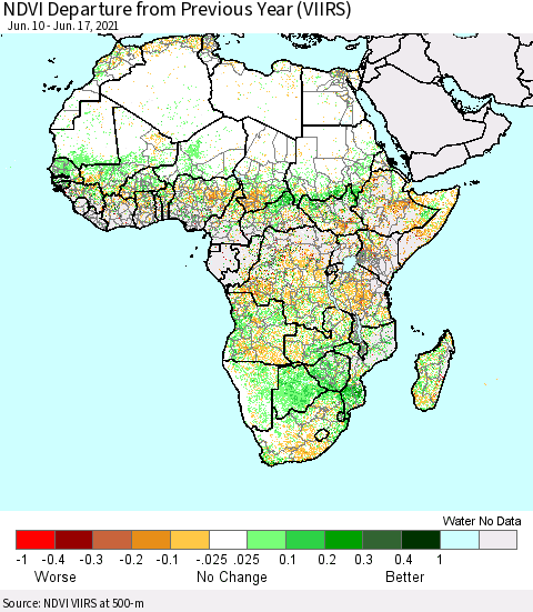 Africa NDVI Departure from Previous Year (VIIRS) Thematic Map For 6/10/2021 - 6/17/2021