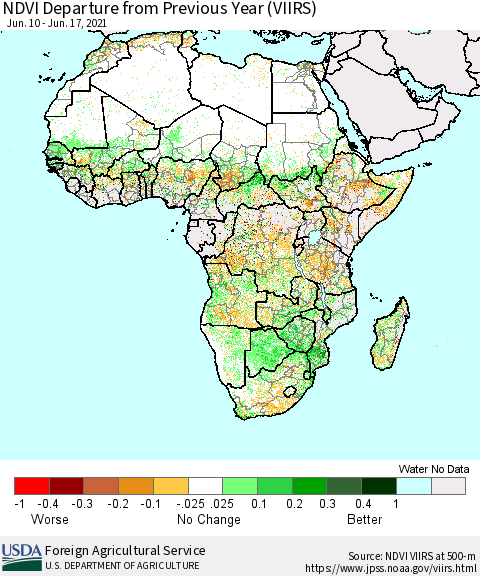 Africa NDVI Departure from Previous Year (VIIRS) Thematic Map For 6/11/2021 - 6/20/2021