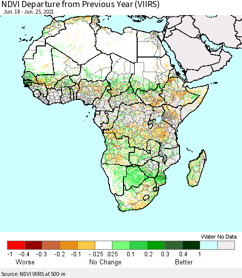 Africa NDVI Departure from Previous Year (VIIRS) Thematic Map For 6/18/2021 - 6/25/2021