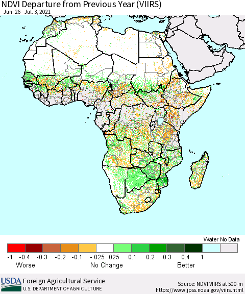 Africa NDVI Departure from Previous Year (VIIRS) Thematic Map For 7/1/2021 - 7/10/2021