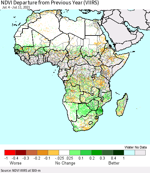 Africa NDVI Departure from Previous Year (VIIRS) Thematic Map For 7/4/2021 - 7/11/2021