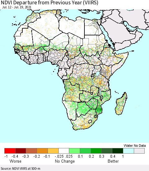 Africa NDVI Departure from Previous Year (VIIRS) Thematic Map For 7/12/2021 - 7/19/2021