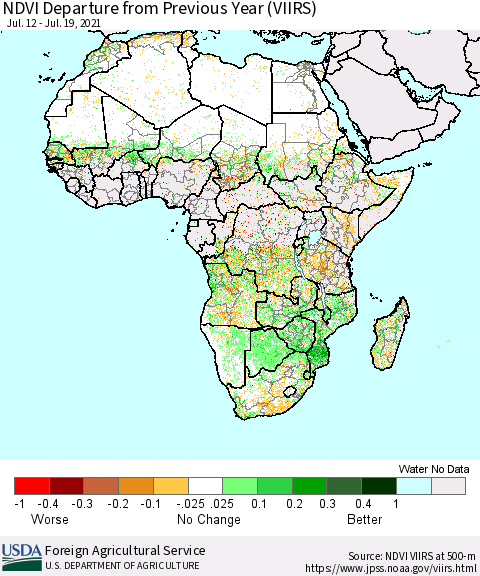 Africa NDVI Departure from Previous Year (VIIRS) Thematic Map For 7/11/2021 - 7/20/2021
