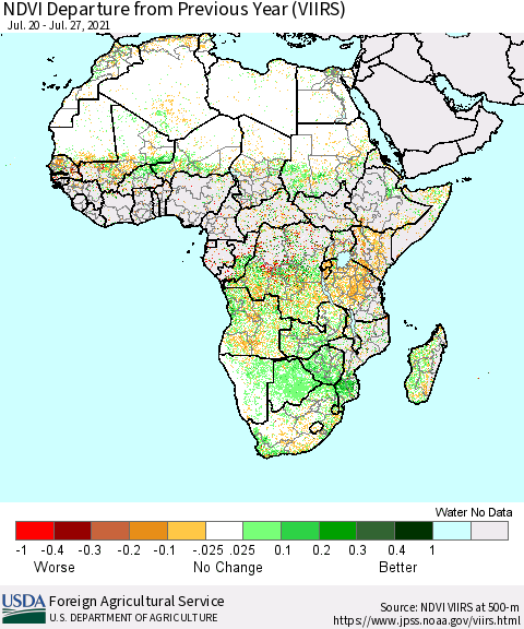 Africa NDVI Departure from Previous Year (VIIRS) Thematic Map For 7/21/2021 - 7/31/2021