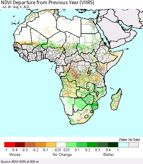 Africa NDVI Departure from Previous Year (VIIRS) Thematic Map For 7/28/2021 - 8/4/2021