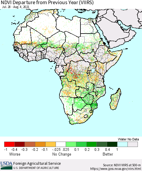 Africa NDVI Departure from Previous Year (VIIRS) Thematic Map For 8/1/2021 - 8/10/2021