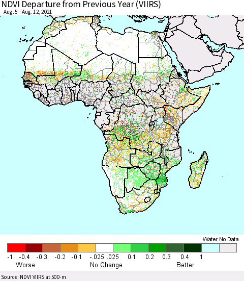 Africa NDVI Departure from Previous Year (VIIRS) Thematic Map For 8/5/2021 - 8/12/2021