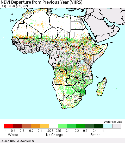 Africa NDVI Departure from Previous Year (VIIRS) Thematic Map For 8/11/2021 - 8/20/2021