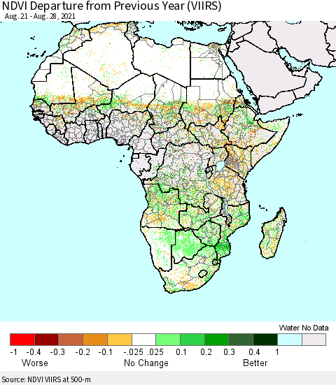Africa NDVI Departure from Previous Year (VIIRS) Thematic Map For 8/21/2021 - 8/28/2021
