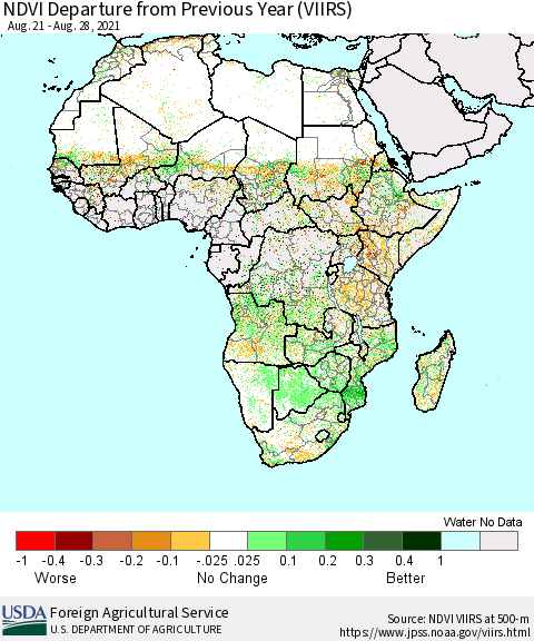 Africa NDVI Departure from Previous Year (VIIRS) Thematic Map For 8/21/2021 - 8/31/2021