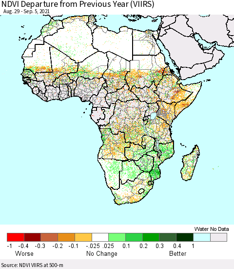 Africa NDVI Departure from Previous Year (VIIRS) Thematic Map For 8/29/2021 - 9/5/2021