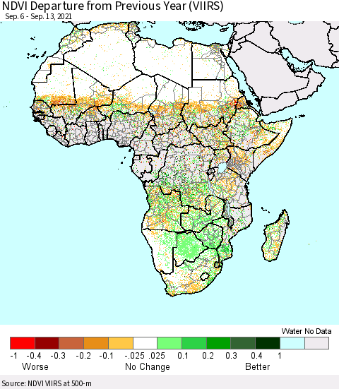 Africa NDVI Departure from Previous Year (VIIRS) Thematic Map For 9/6/2021 - 9/13/2021