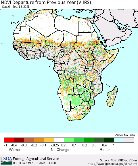 Africa NDVI Departure from Previous Year (VIIRS) Thematic Map For 9/11/2021 - 9/20/2021