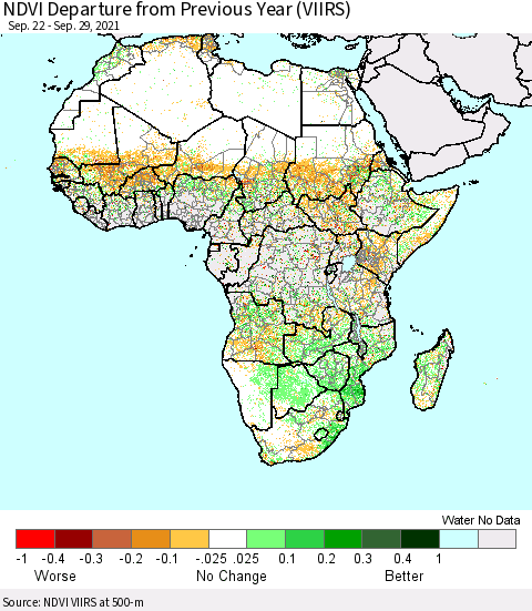 Africa NDVI Departure from Previous Year (VIIRS) Thematic Map For 9/22/2021 - 9/29/2021