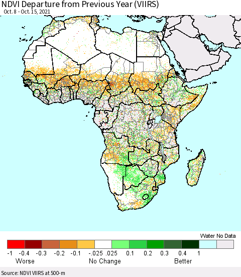 Africa NDVI Departure from Previous Year (VIIRS) Thematic Map For 10/8/2021 - 10/15/2021