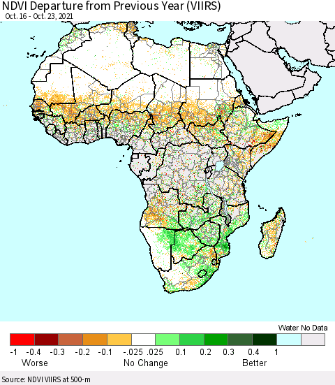 Africa NDVI Departure from Previous Year (VIIRS) Thematic Map For 10/16/2021 - 10/23/2021