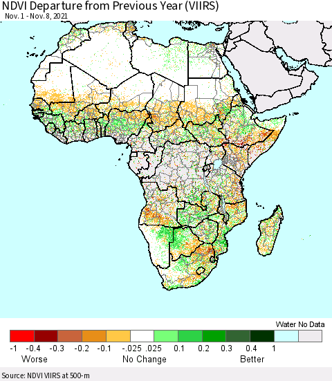 Africa NDVI Departure from Previous Year (VIIRS) Thematic Map For 11/1/2021 - 11/8/2021